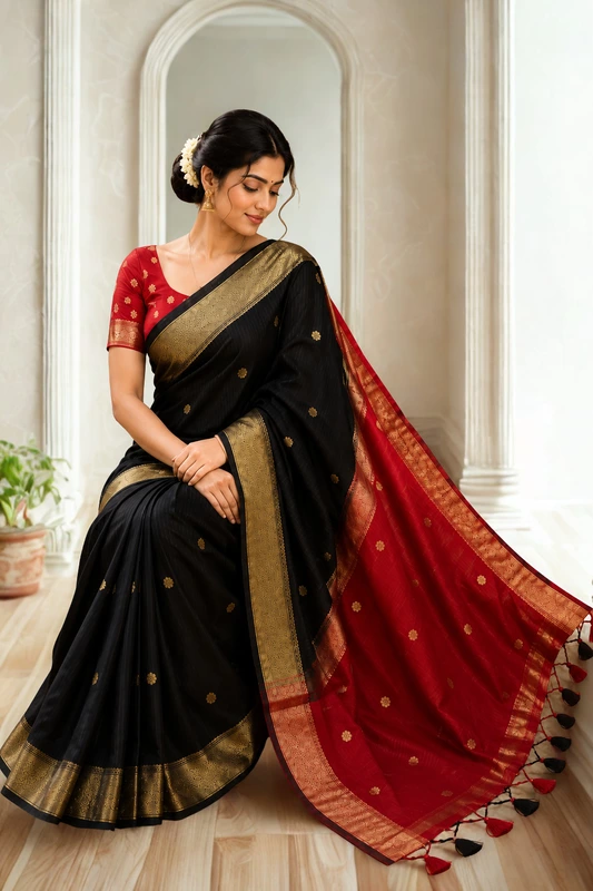 Maheswari Silk Cotton Black With Red