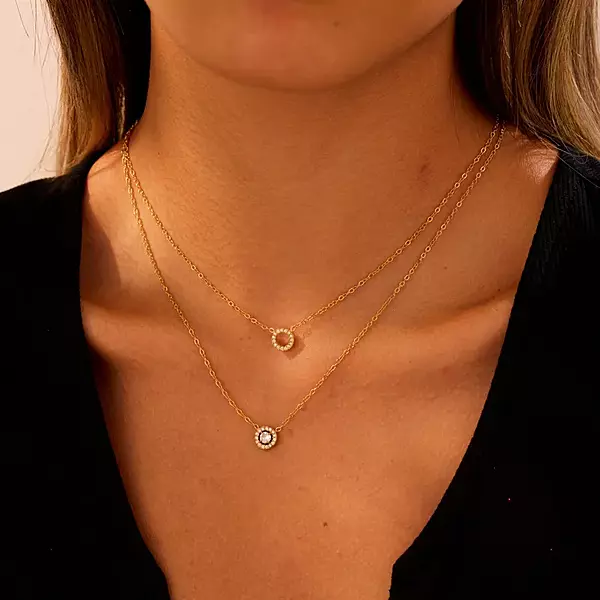 Diamond Circle Double Necklace Gold