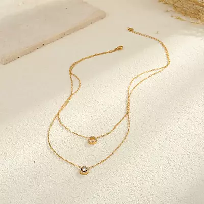 Diamond Circle Double Necklace Gold