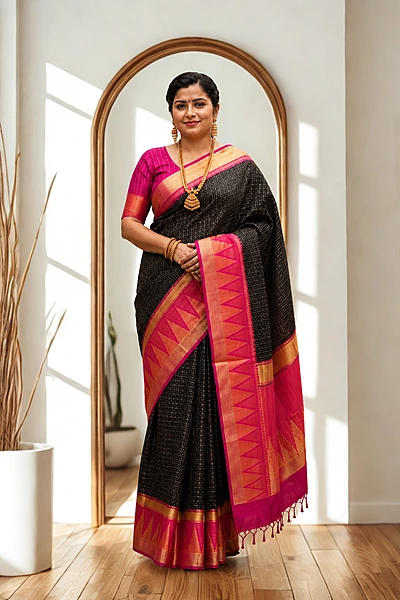 Semi raw silk Black with pink