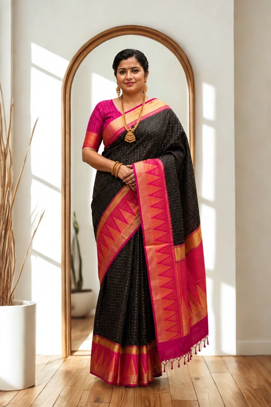 Semi raw silk Black with pink