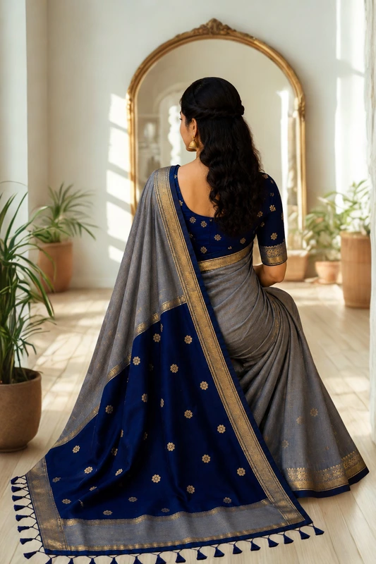 Maheswari Silk Cotton Grey With Blue