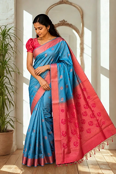 Premium Soft Silk Skyblue With Orange
