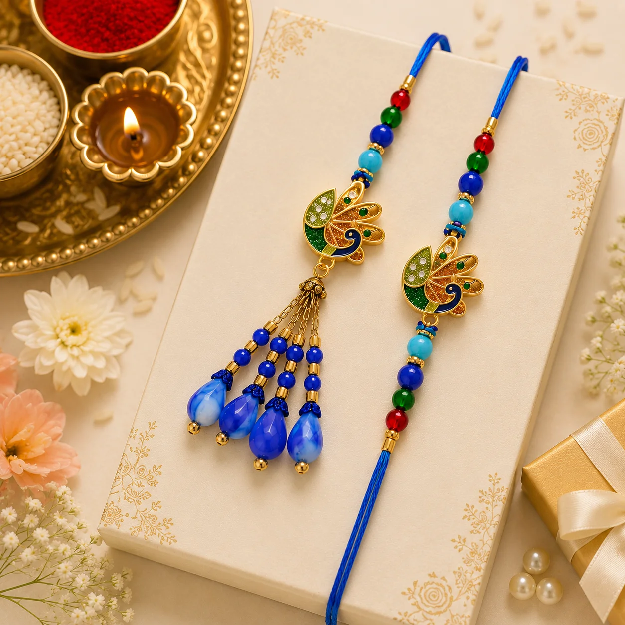 Designer Bhaiya Bhabhi Rakhi Set with Peacock Lumba | Premium Raksha Bandhan Rakhi