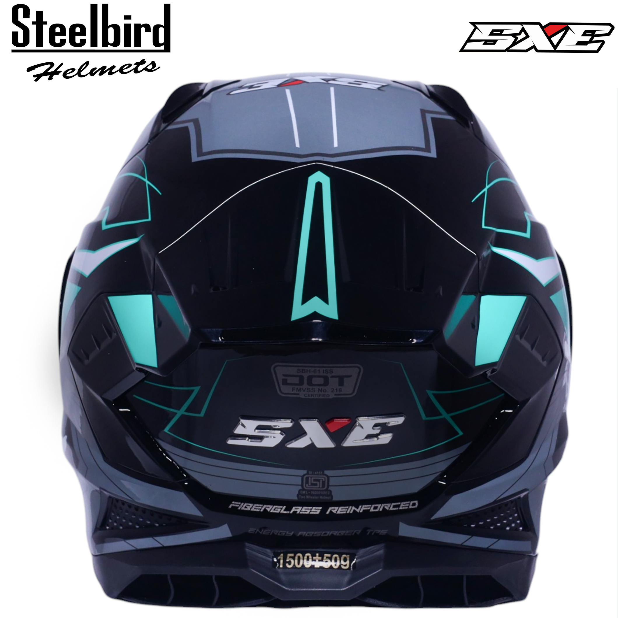 STEELBIRD SBH-61 ISS SXE RACE-X MATT BLACK/CYAN GREEN WITH TPE EDITION C/V 620MM