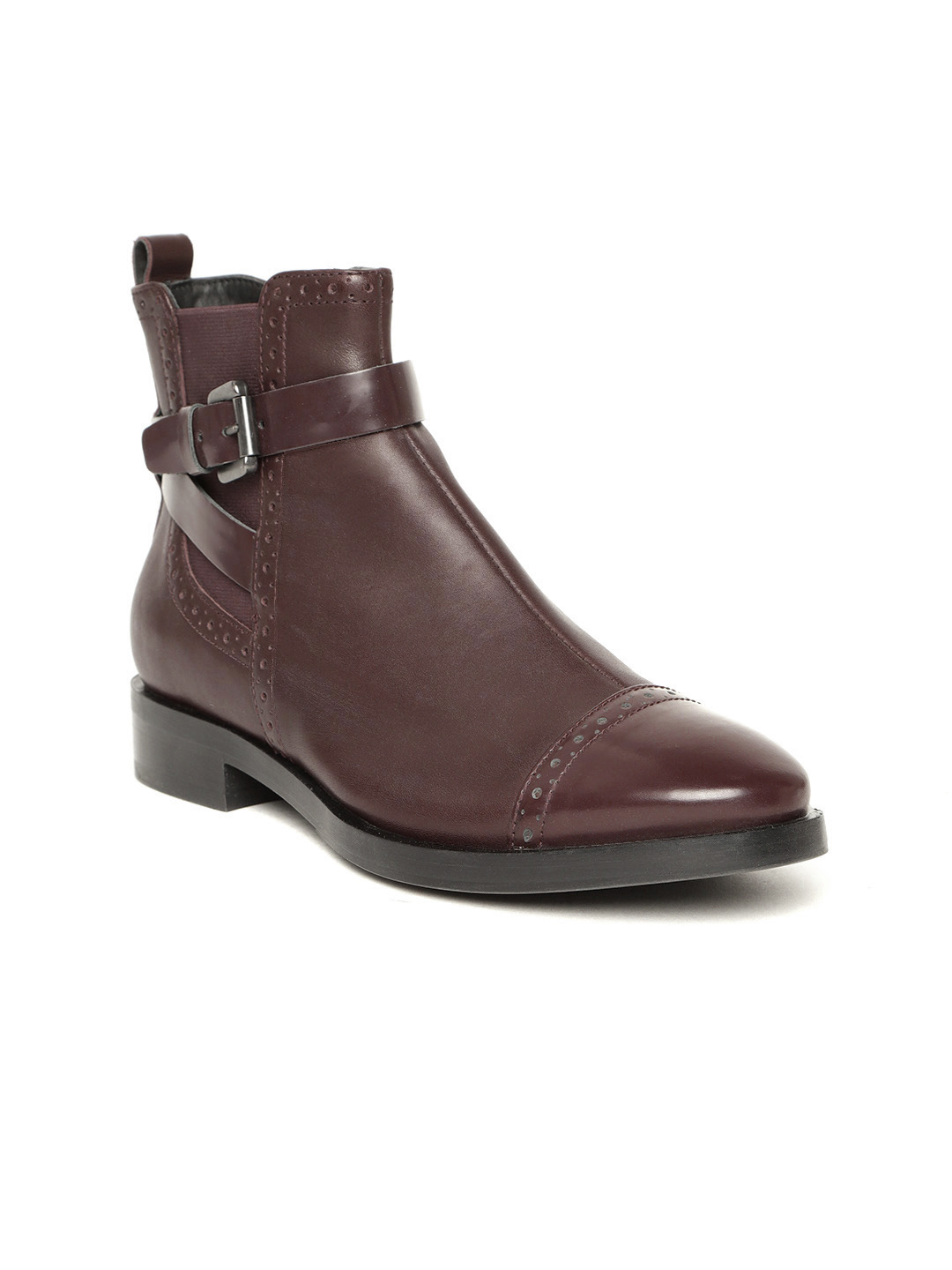 Women Burgundy Leather Mid-Top Flat Boots