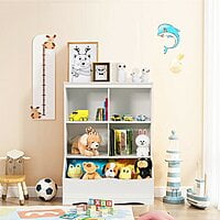 Spacious Kids Toy Organizer Shelf with Open Storage Bins – White Wooden Bookshelf for Toys & Books