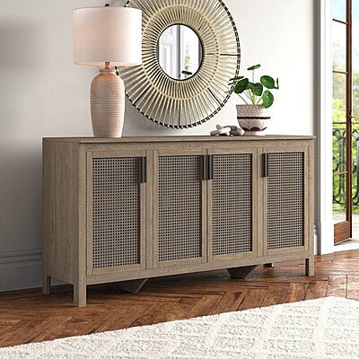 Boho Rattan & Wood Sideboard with Four Doors - Accent Buffet Cabinet