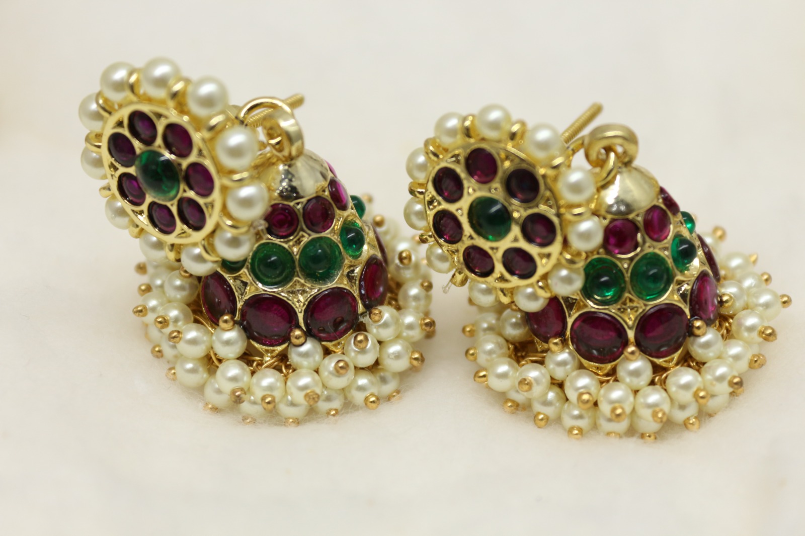 Margam Temple Jewellery - One Gram Gold Finish Copper & Real Kempstones Jhumkas/Jhimikki Earrings