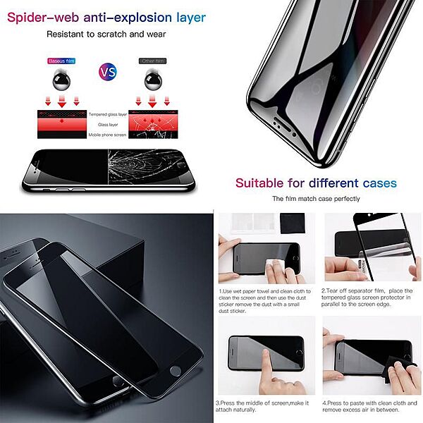 Baseus 0.23mm Privacy Curved Glass Screen Protector iPhone 6P,7P,8P (2PCS)B