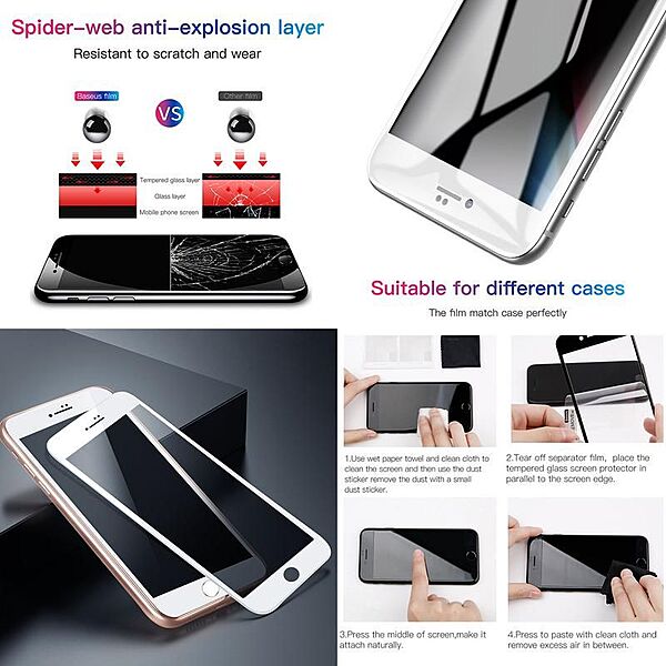 Baseus 0.23mm Privacy Curved Glass Screen Protector iPhone 6P,7P,8P (2PCS)W