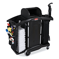 Rubbermaid High-Security Housekeeping Cart, Plastic, 3 Shelves, 2 Bins, 22" x 51.75" x 53.5", Black/Silver
