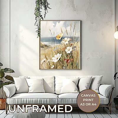 French Coastal Daisy Landscape Canvas Print | UNFRAMED Unframed premium cotton canvas print French Coastal Daisy Landscape Canvas Print | UNFRAMED Unframed premium cotton canvas print