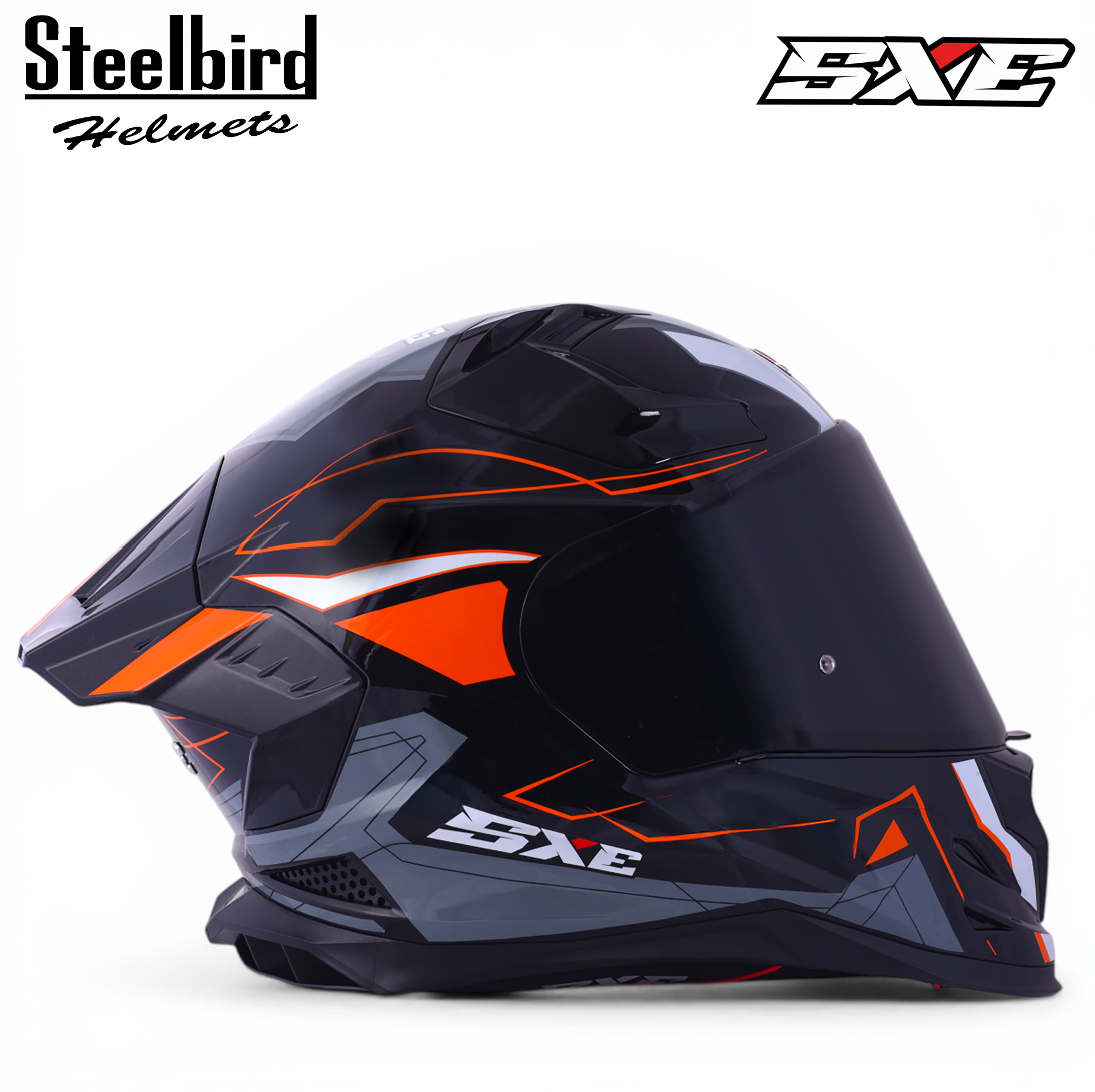 STEELBIRD SBH-61 ISS SXE RACE-X GLOSSY BLACK/ORANGE WITH TPE EDITION C/V 620MM (WITH EXTRA SMOKE VISOR)