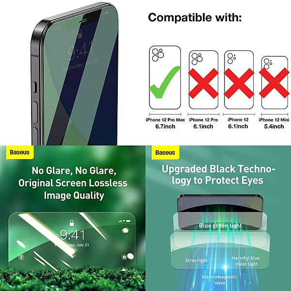 Baseus 0.3mm Anti-Blue&Green Light Glass Screen Protector iPhone 12 Pro Max