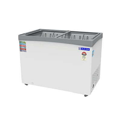 Energy-efficient Blue Star Deep Freezer with flat glass top and lockable cabinet