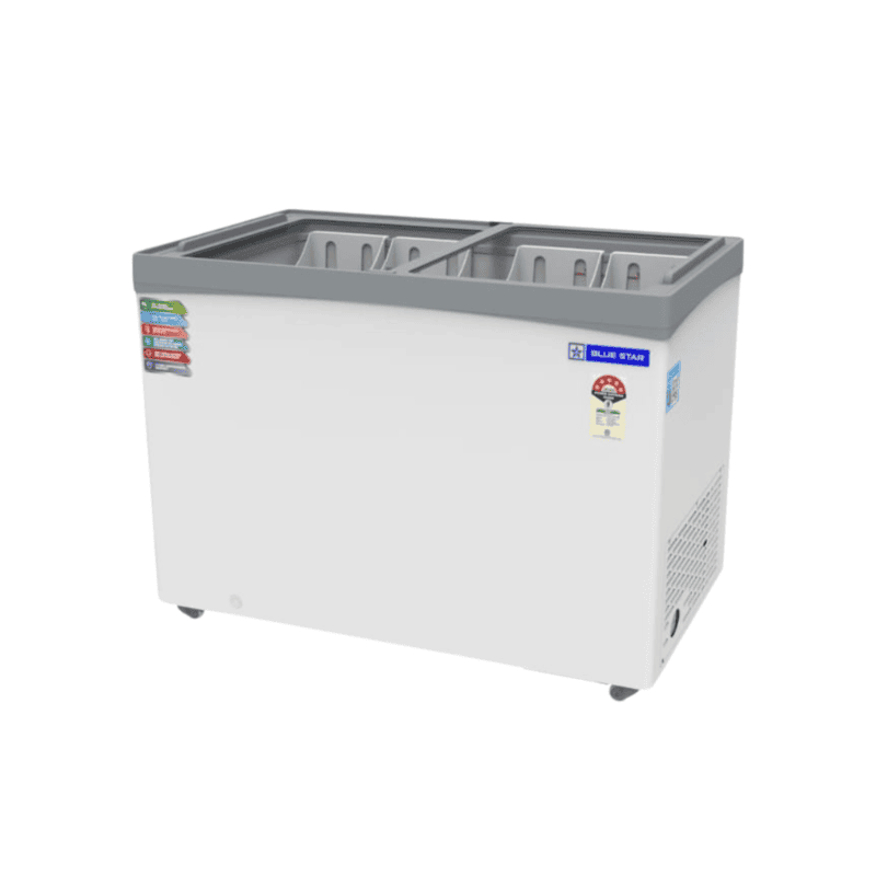 Energy-efficient Blue Star Deep Freezer with flat glass top and lockable cabinet