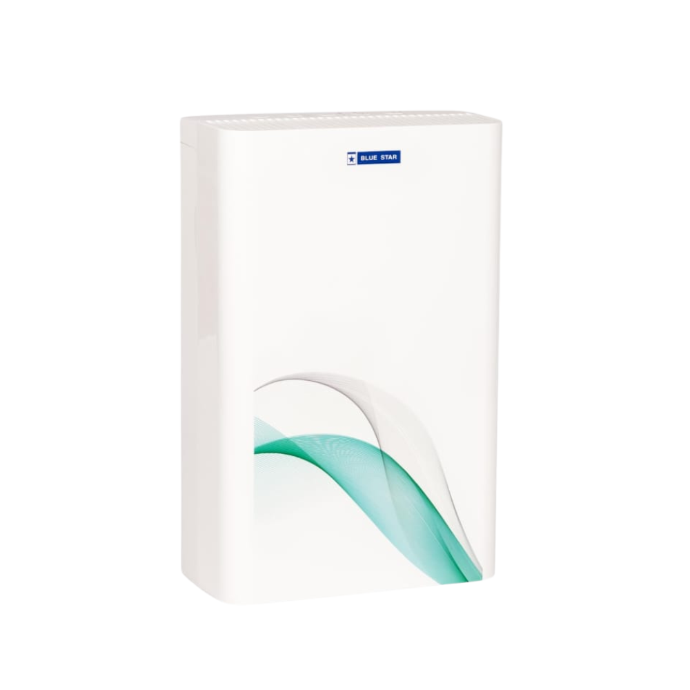 The sleek, white Blue Star BS-AP300DAI air purifier operating in a modern Delhi living room. The sleek, white Blue Star BS-AP300DAI air purifier operating in a modern Delhi living room.