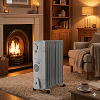 "Close-up of adjustable thermostat dial and power switches on the Usha 2500W OFR heater." "Close-up of adjustable thermostat dial and power switches on the Usha 2500W OFR heater."