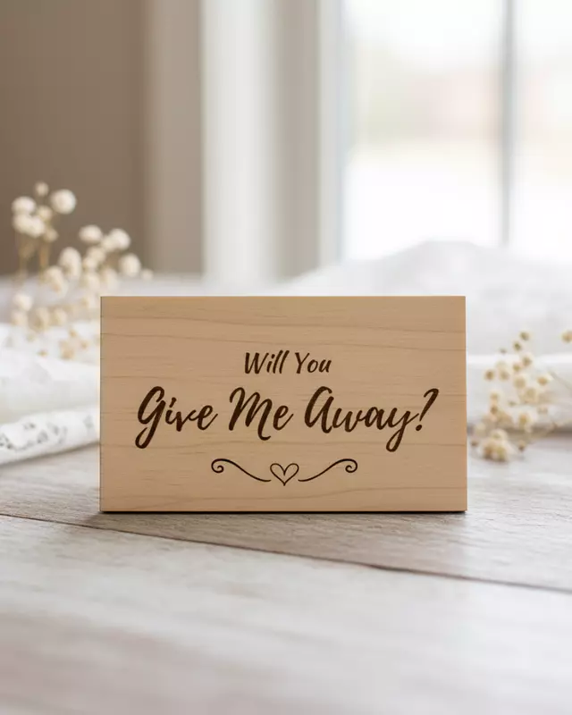 Heirloom Collection engraved Give Me Away wedding proposal card.