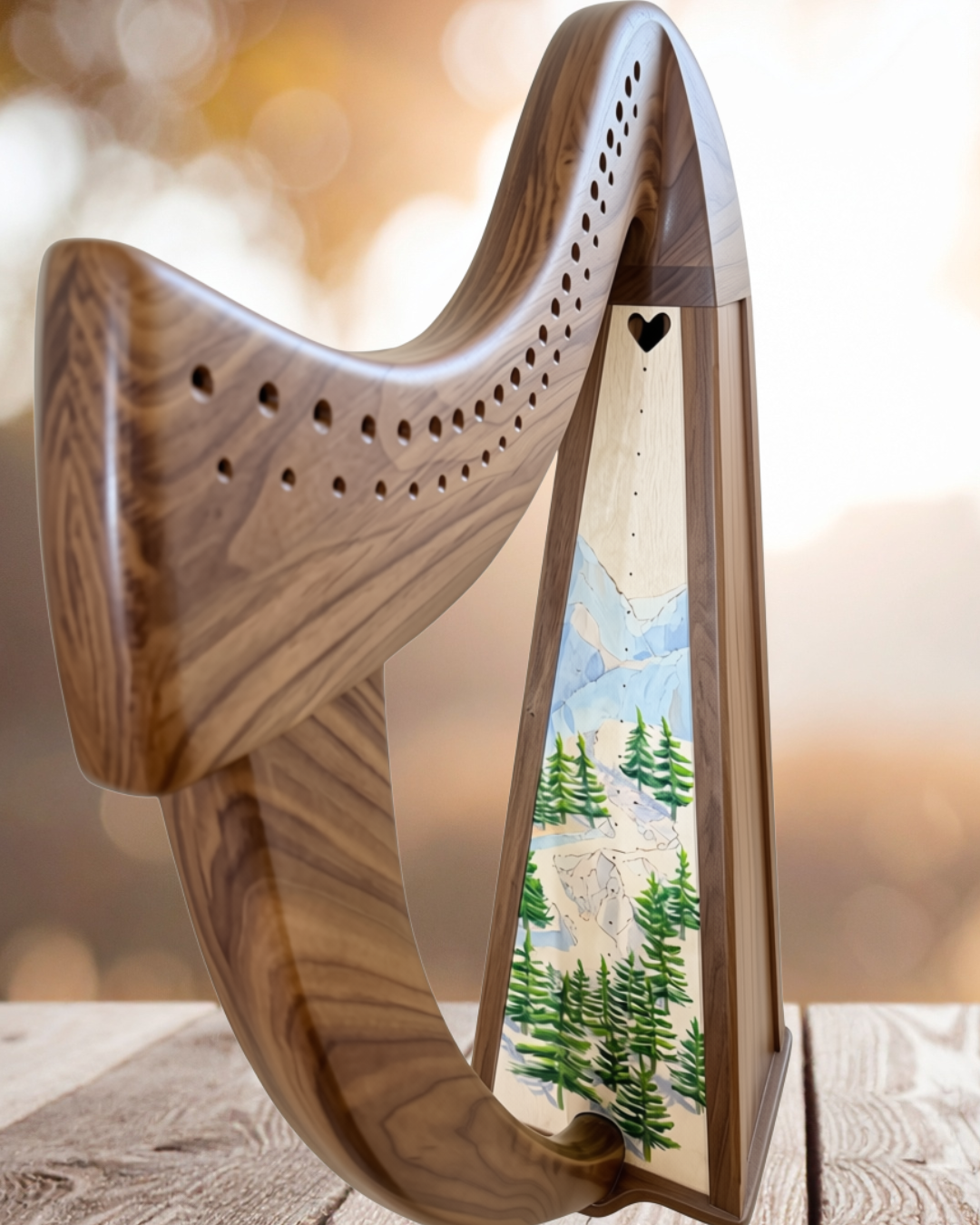 Celtic 22 — Walnut Mountain Scene Specialty Harp