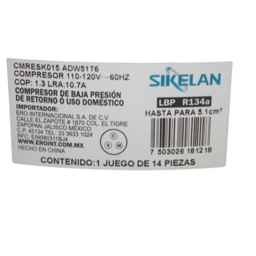 Compresor Sikelan MODELO ADW51T6 HP 1/5  (V/HZ) 110-120/50-60 , CMRESK015 , ERO
