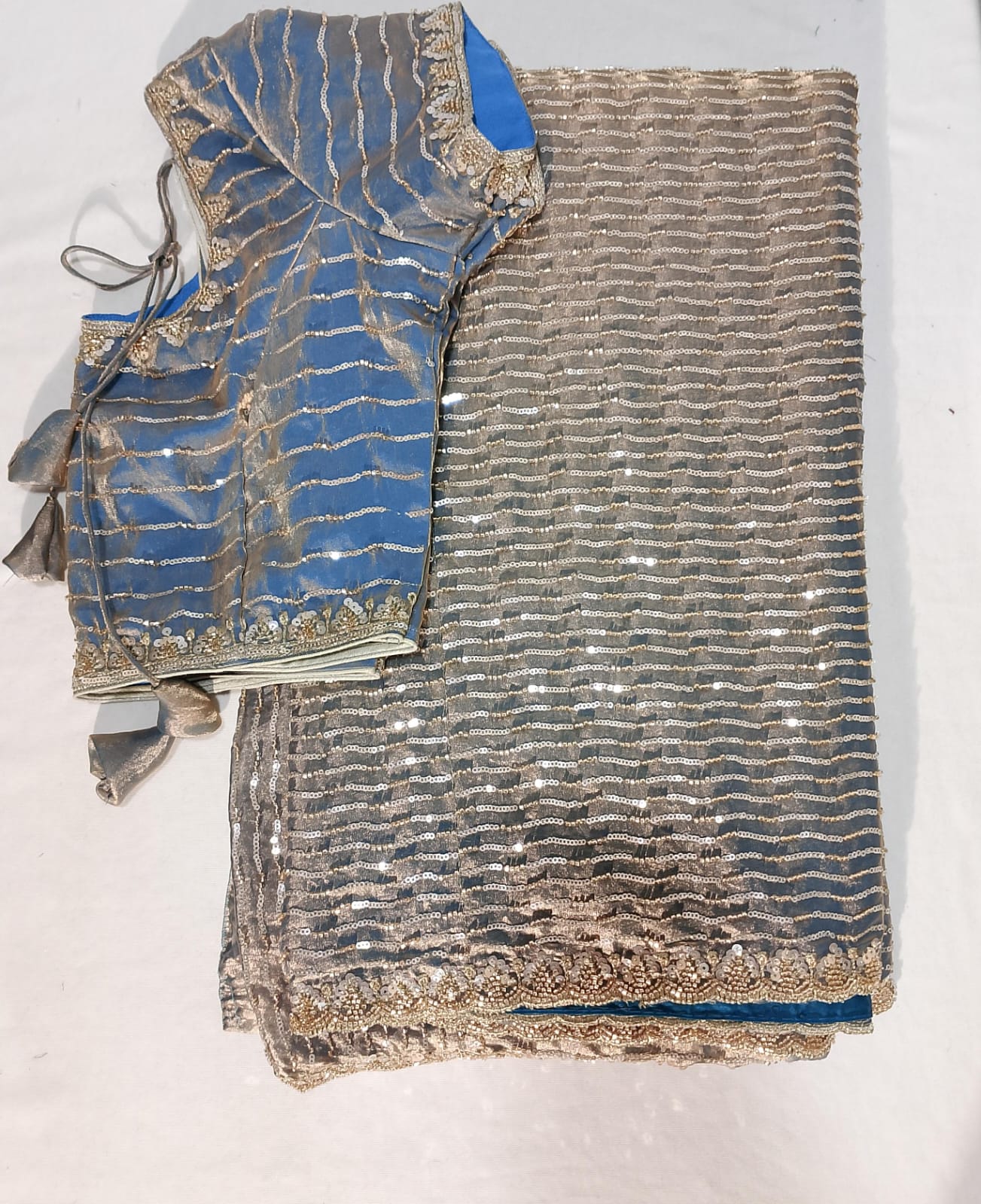 J563: Ready To Ship Beautiful Sequence Work Saree With Stitched Blouse