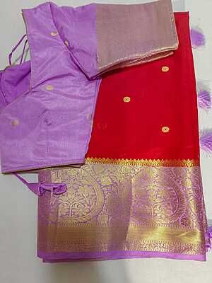 J498: Ready To Ship Beautiful Pure Moonga Crepe Silk Saree In Ganaga Jamuna Border With Stitched Blouse