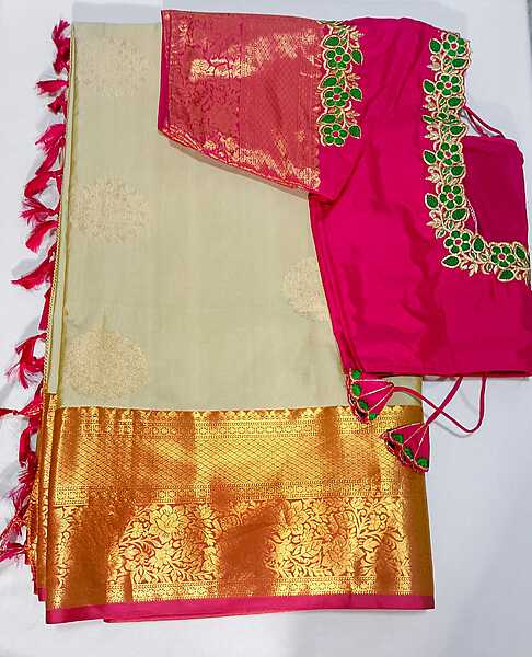 J483: Ready To Ship Beautiful Semi Kanchipattu Saree With Stitched Embroidery Work Blouse