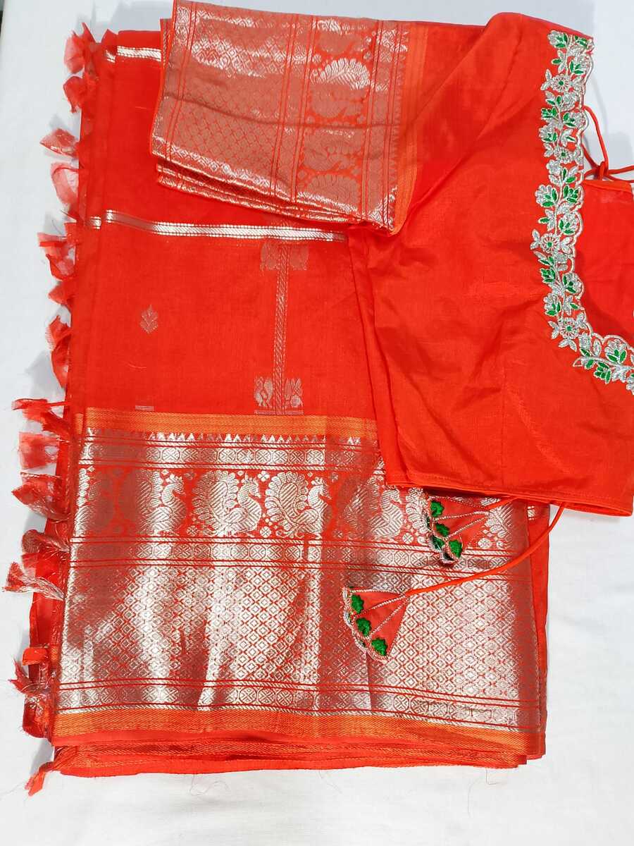 J487: Ready To Ship Beautiful Mangalagiri Saree With Stitched Embroidery Work Blouse