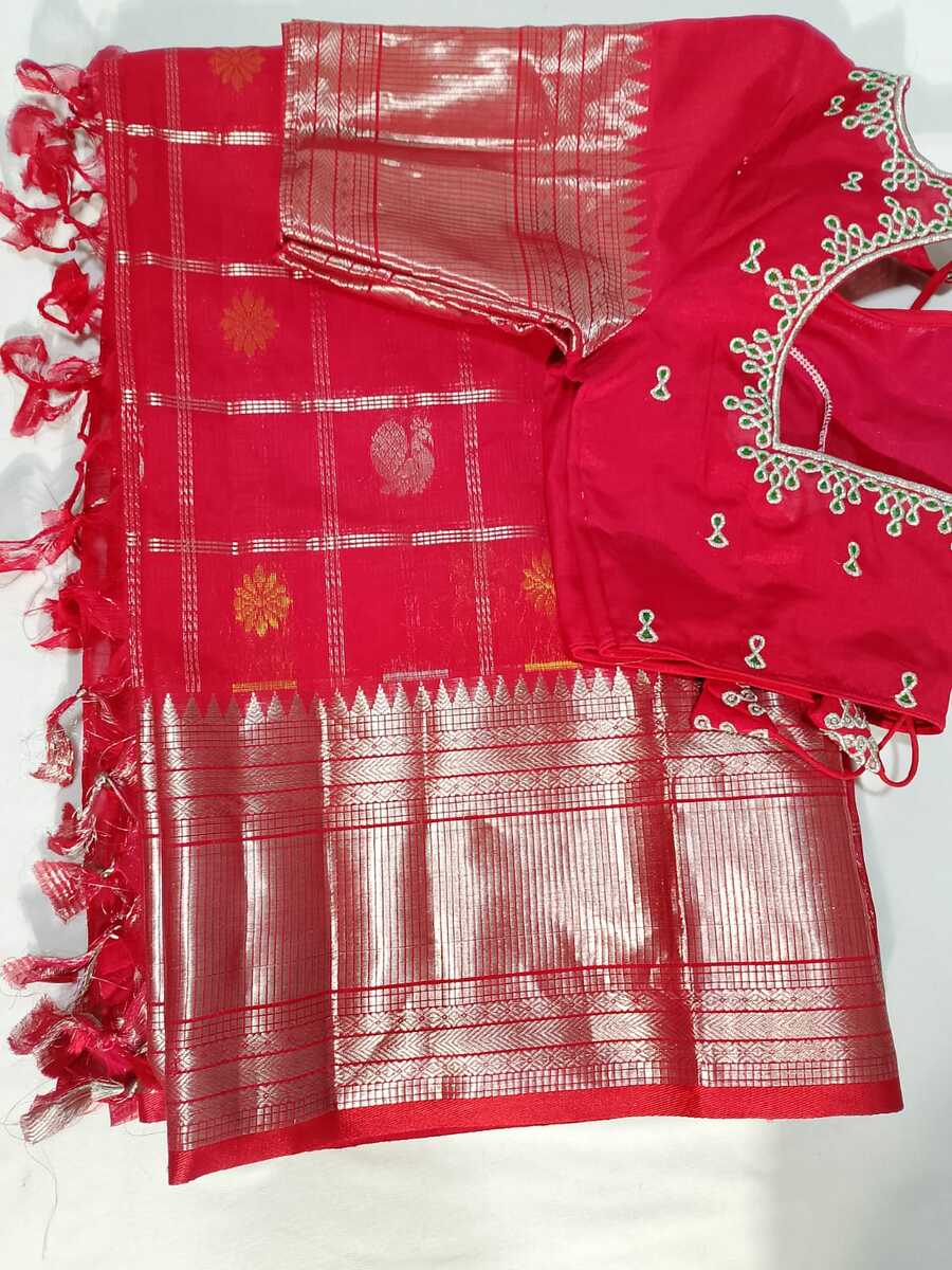 J485: Ready To Ship Beautiful Mangalagiri Saree With Stitched Embroidery Work Blouse