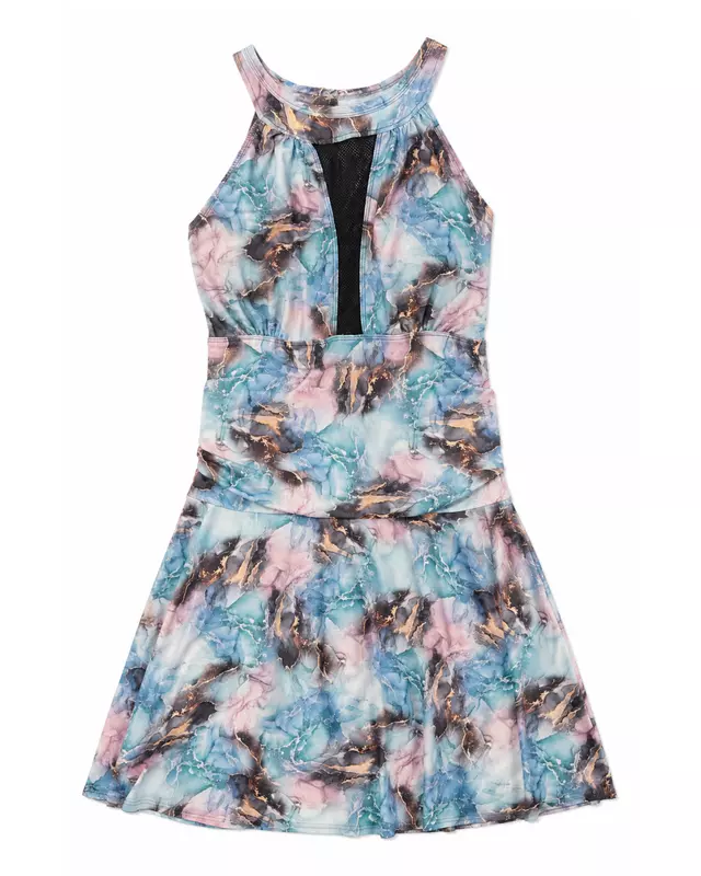 Pastel Marble Halter Swim Dress l فستان سباحة هالتر بنقشة رخامية باستيل