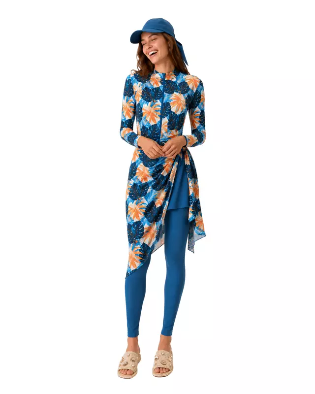 Tropical Print Modest Swimwear Set – 5 Pieces - طقم مايوه محتشم بطبعة استوائية – 5 قطع