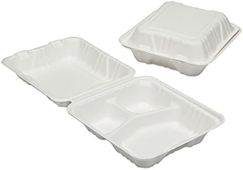SKILCRAFT 3-Compartment Hinged Lid Tray - Microwave Safe - White - Wood Pulp Body - 200 / Carton - TAA Compliant