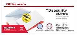 Office Depot Brand #10 Security Envelopes, 4-1/8in x 9-1/2in, Gummed Heat Resistant Seal, White, Box Of 100