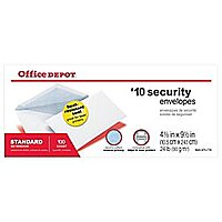 Office Depot Brand #10 Security Envelopes, 4-1/8in x 9-1/2in, Gummed Heat Resistant Seal, White, Box Of 100