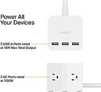 Belkin 6-Outlet Power Cube w/ 3 AC Outlets, 3 USB-A Ports, & 5ft Sturdy Extension Cord - Convenient Compact Cube for Home
