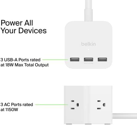 Belkin 6-Outlet Power Cube w/ 3 AC Outlets, 3 USB-A Ports, & 5ft Sturdy Extension Cord - Convenient Compact Cube for Home