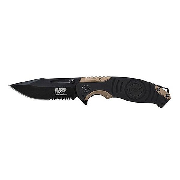 Smith & Wesson M&P SWMP13BSCP Folder Clam Liner Lock Drop Pt. Handle Knife, Black/Gold