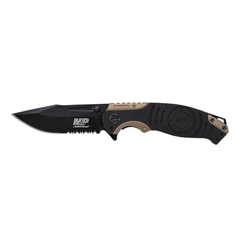 Smith & Wesson M&P SWMP13BSCP Folder Clam Liner Lock Drop Pt. Handle Knife, Black/Gold