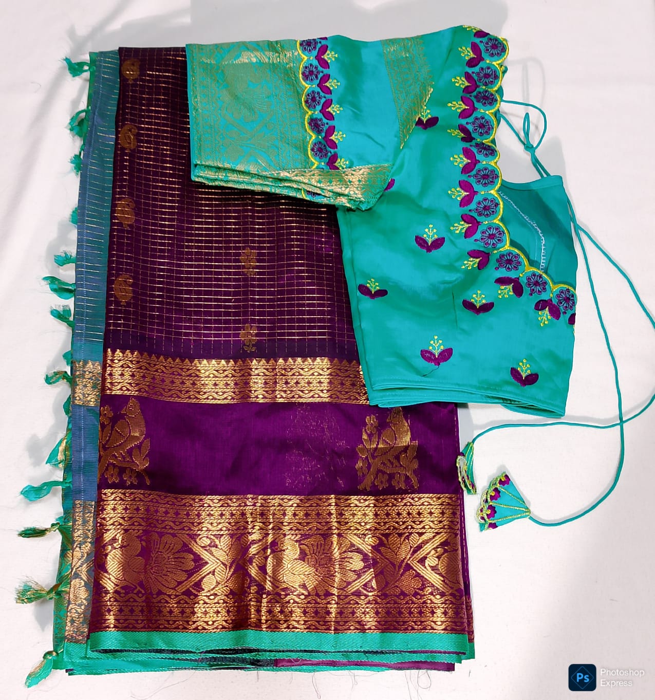 N596: Ready To Ship Beautiful Mangalagiri Saree With Stitched Embroidery Work Blouse