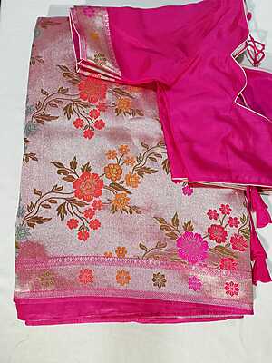 J353: Ready To Ship Beautiful Banarasi Floral Design Saree With Stitched Blouse