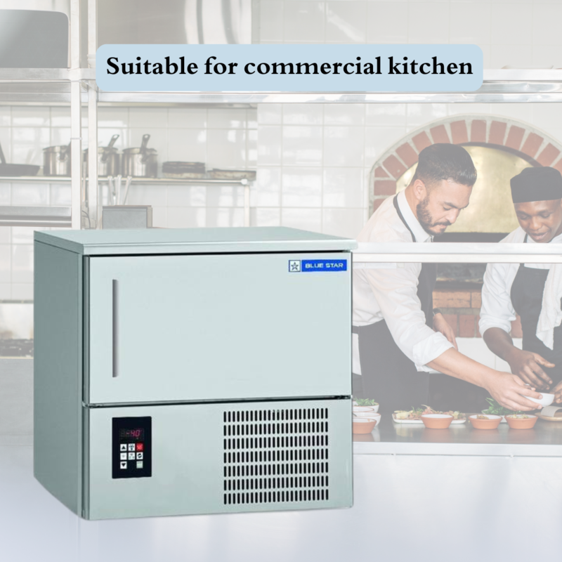 Spacious interior of a Blue Star BF03G Blast Freezer with multiple trays.