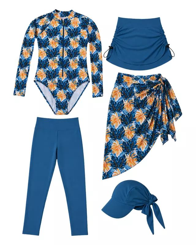 Tropical Print Modest Swimwear Set – 5 Pieces - طقم مايوه محتشم بطبعة استوائية – 5 قطع