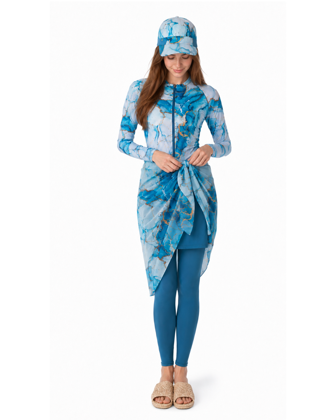 Ocean Marble Gold 5PC Modest Swimwear Set - طقم مايوه محتشم أوشن ماربل جولد – 5 قطع