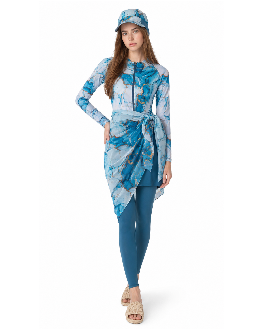 Ocean Marble Gold 5PC Modest Swimwear Set - طقم مايوه محتشم أوشن ماربل جولد – 5 قطع