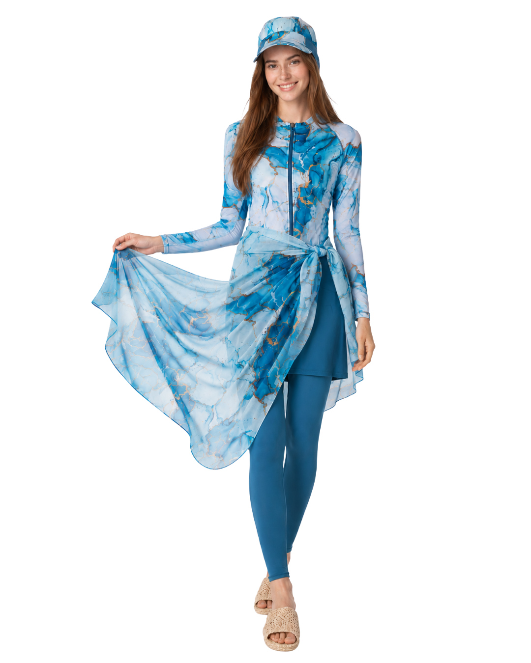 Ocean Marble Gold 5PC Modest Swimwear Set - طقم مايوه محتشم أوشن ماربل جولد – 5 قطع