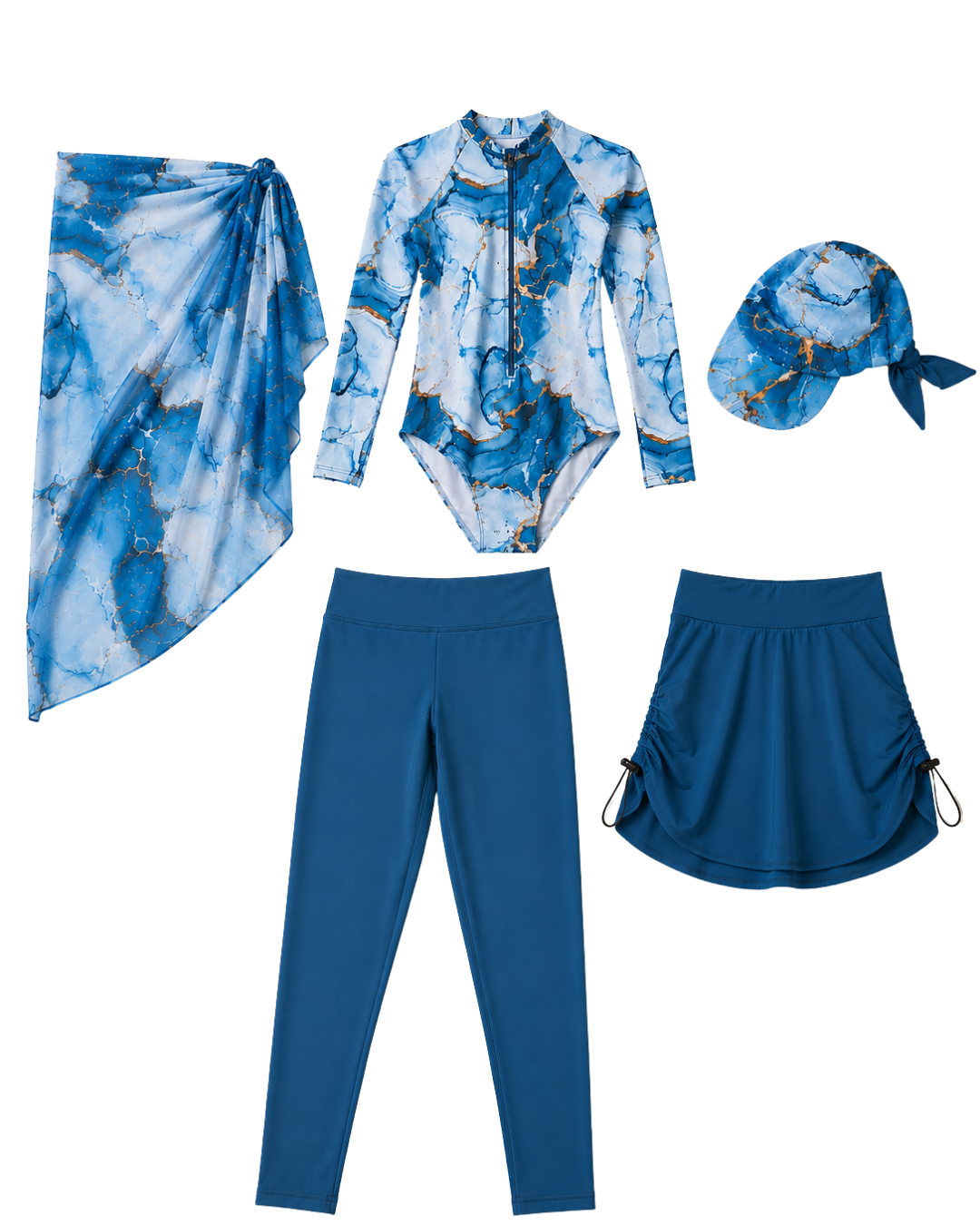 Ocean Marble Gold 5PC Modest Swimwear Set - طقم مايوه محتشم أوشن ماربل جولد – 5 قطع
