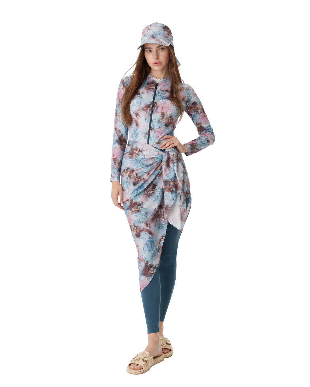 Marble Print 5-Piece Modest Swimwear Set – Blue -طقم مايوه محتشم 5 قطع بطبعة ماربل – أزرق
