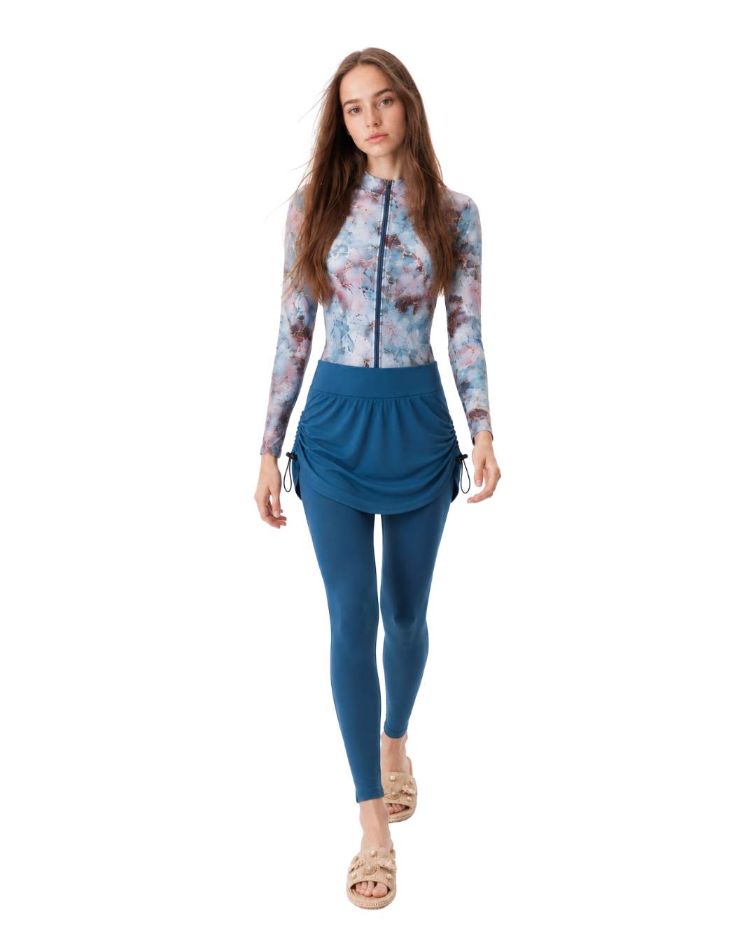 Marble Print 5-Piece Modest Swimwear Set – Blue -طقم مايوه محتشم 5 قطع بطبعة ماربل – أزرق